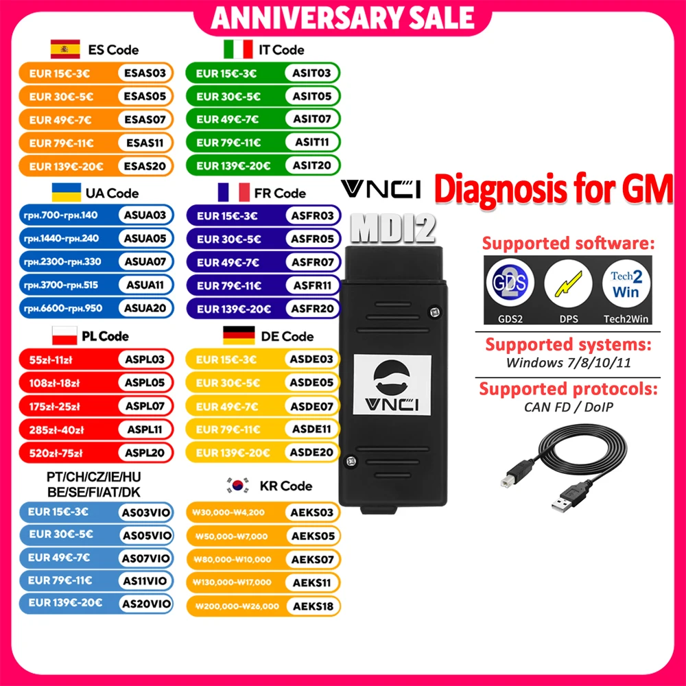 VNCI MDI2 Diagnostic Tool For Cadillac/Chevrolet/Buick Support CANFD DoIP Compatible with TLC/GDS2/DPS/Tech2win Software For GM