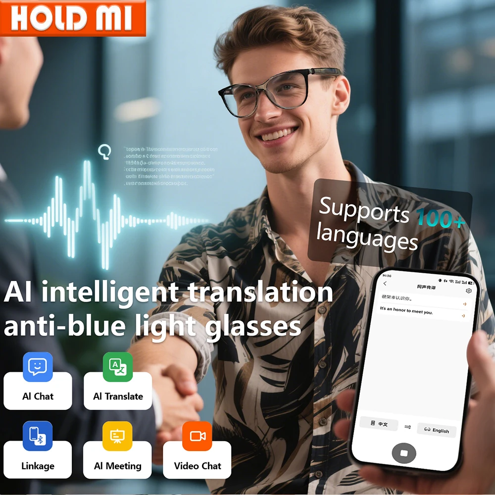 Nouvelles lunettes intelligentes AI traduction 100 + langues faire recevoir des appels musique appel réduction du bruit lumière BT TWS lunettes hommes femmes