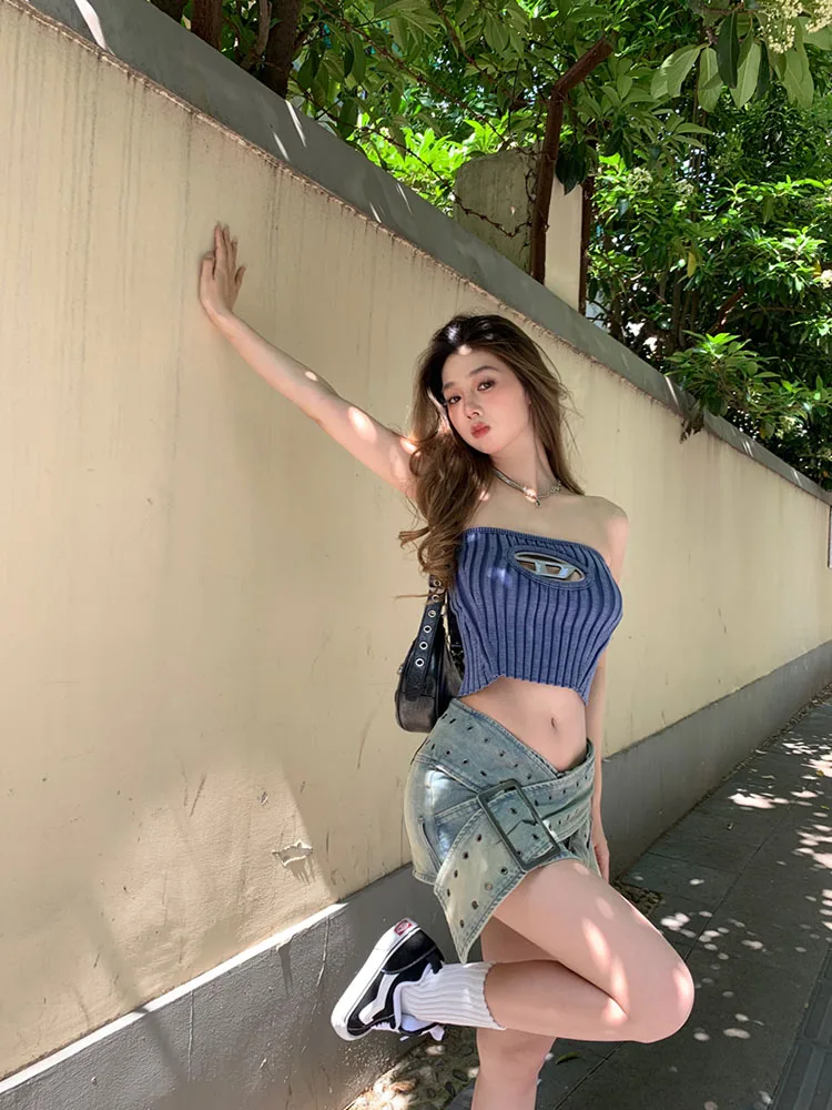 American Style Fashion High Street Mini Sashes Denim Skirt Summer Women Wrap Hip High Waist Slim A-Line Skirt Gyaru Streetwear