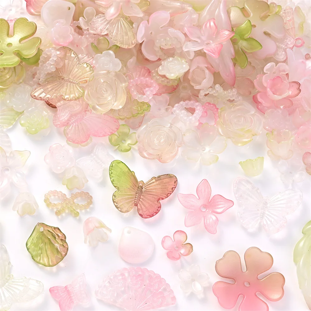 30g/Set Gemischte Acryl-Perlen mit Regenbogen-Farbverlauf, Rosen-, Schmetterlings- und Blätter-Anhänger für Handyketten, Halsketten und Schmuckherstellung. – Detail 1