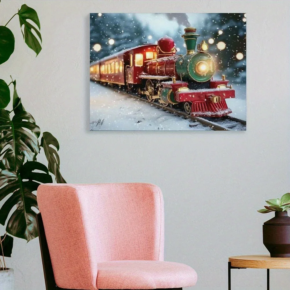 Decoración navideña de pared para invierno, tren de Navidad, decoración del hogar, adecuada para sala de estar, dormitorio, regalo de Navidad con marco, 1 ud.