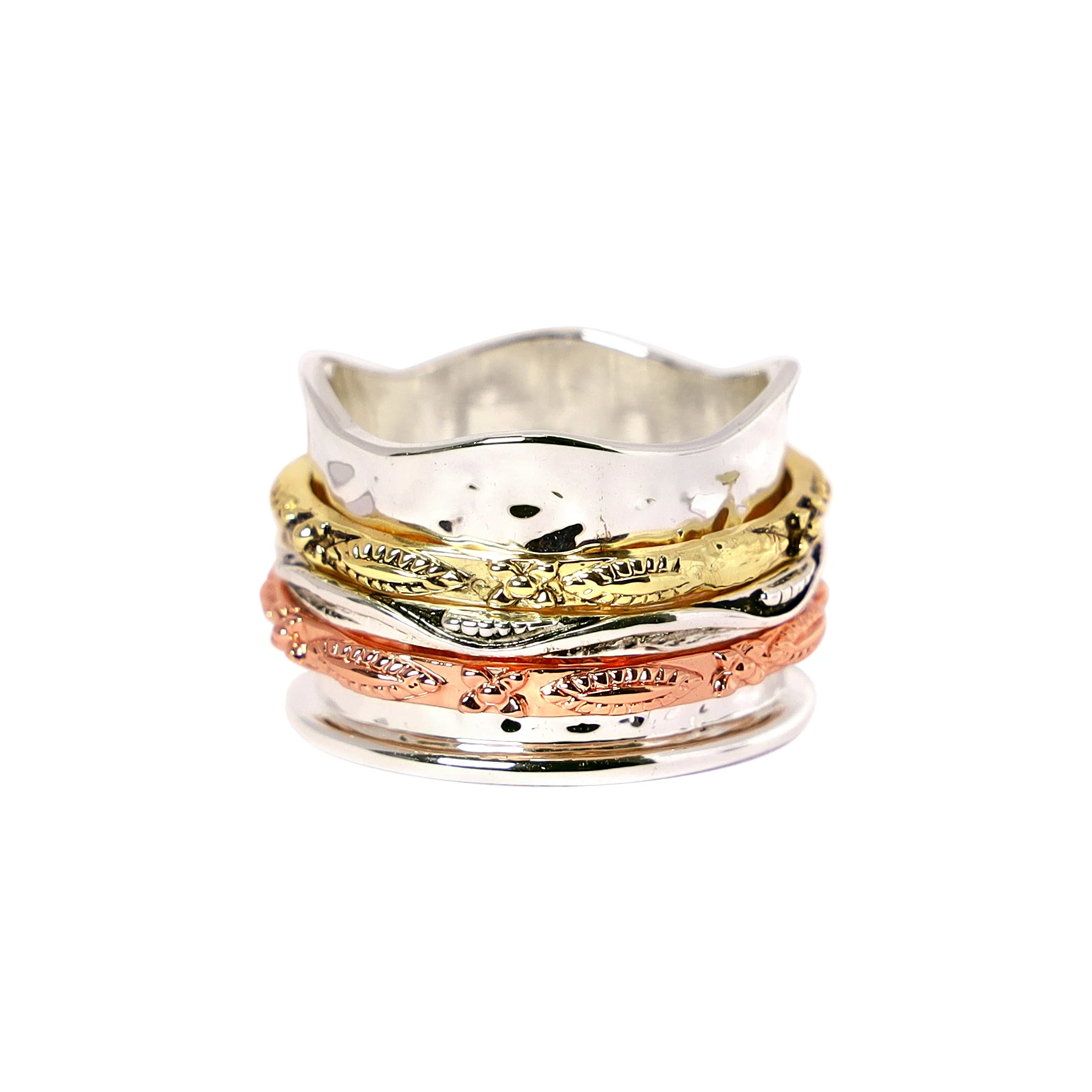 Handmade Tri-Tone Hammered Spinner Ring Fashion Spinner Ring for Women