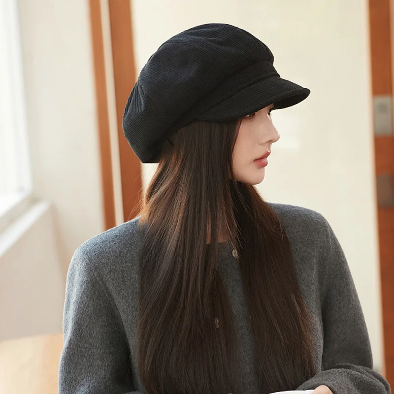 Autumn Winter Warm Beret for Women Thickened Corduroy Octagonal Hat Trendy Vintage Solid Color Berets Japanese Retro Painter Cap image 4