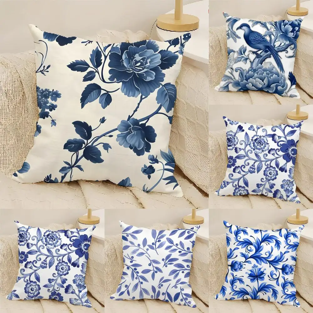 Blue & White Chinoiserie Cushion Cover Natural Linen Organic Fabric Double-Sided Printing Sofa Home Decor Gift Pillow Cover
