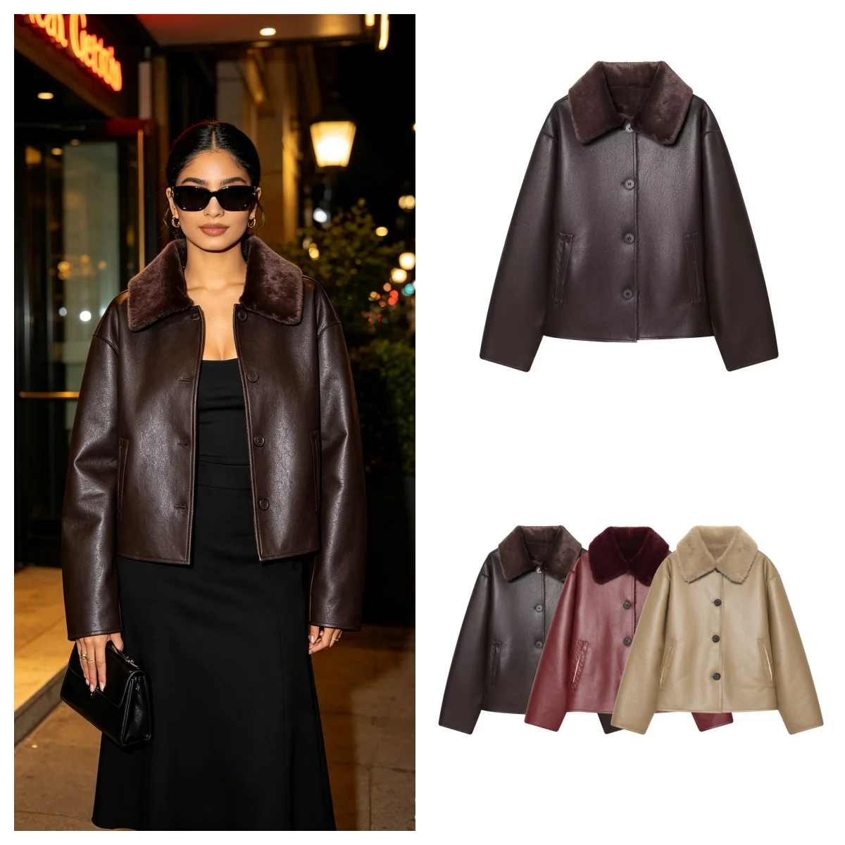 Women's Jacket 2026 Autumn Winter New Dark Brown Long-Sleeve Faux Leather Reversible Jacket Stylish Unique Chic Ladies Outerwear