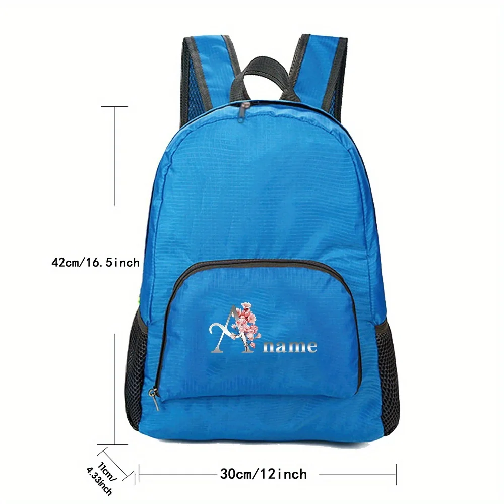 Personalized Customization Foldable Blue Backpack Large Capacity Camping Bag Lightweight Hiking Backpack Letter Pattern