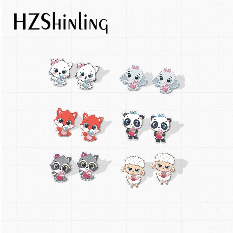 New Arrival Cute Animals Raccoon Fox Elephant Panda Love Sweety Cupcake Dessert Print Epoxy Acrylic Earrings