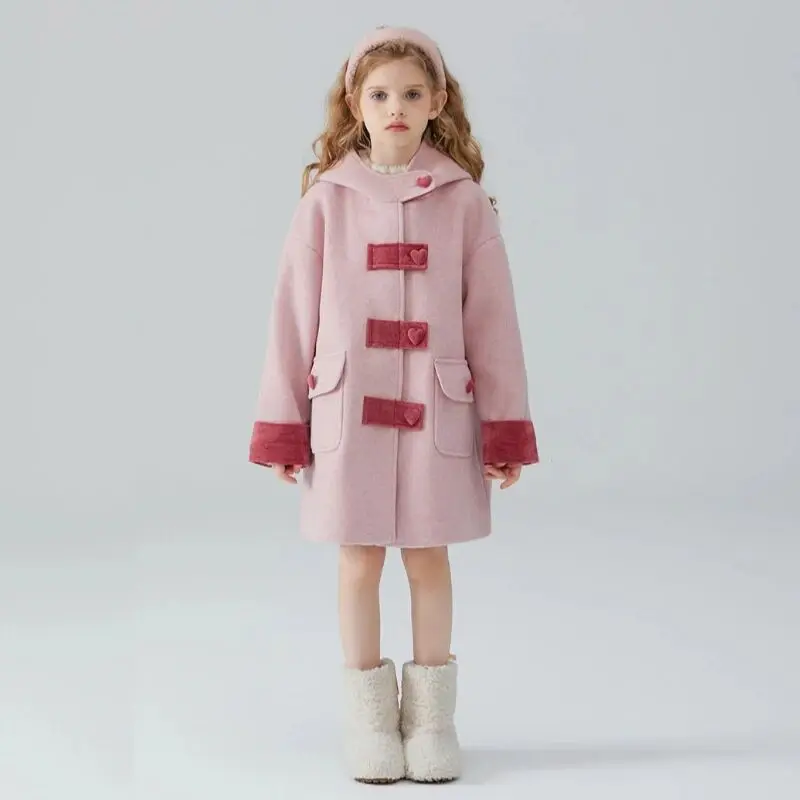 

Новая коллекция, детская розовая толстовка с капюшоном, пальто средней длины, шерстяное пальто для девочек 110-160 см, осень/зима