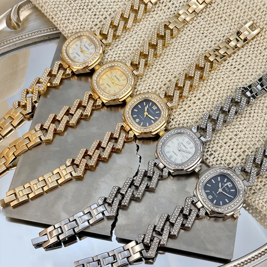 Luxury Square-Round Diamond Dial Diamond Cuban Link Bracelet Gold Watch for Woman