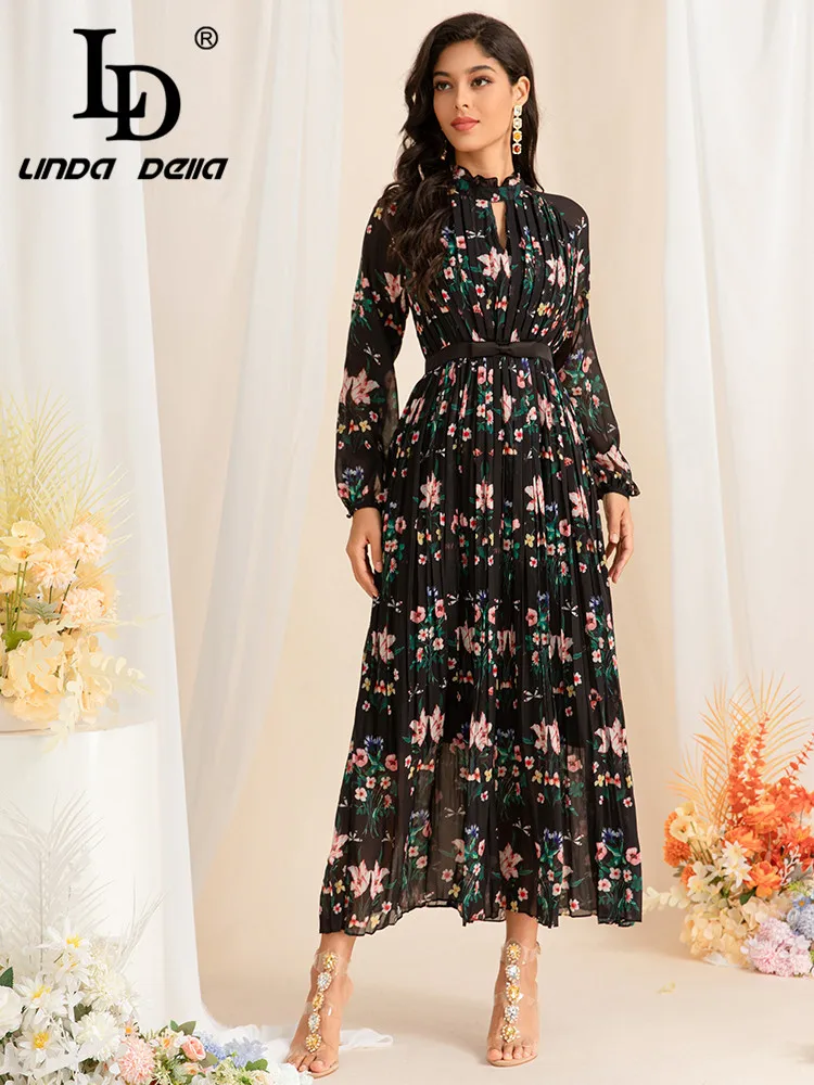 LD LINDA DELLA Floral Oversized 2024 Summer and Autumn New Heavy Press Fold Long-sleeved Printed Woman's Long Dress