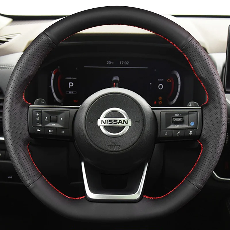 Black Artificial Leather Hand-stitched No-slip Car Steering Wheel Cover For Nissan Rogue Pathfinder Qashqai X-Trail 2021-2023