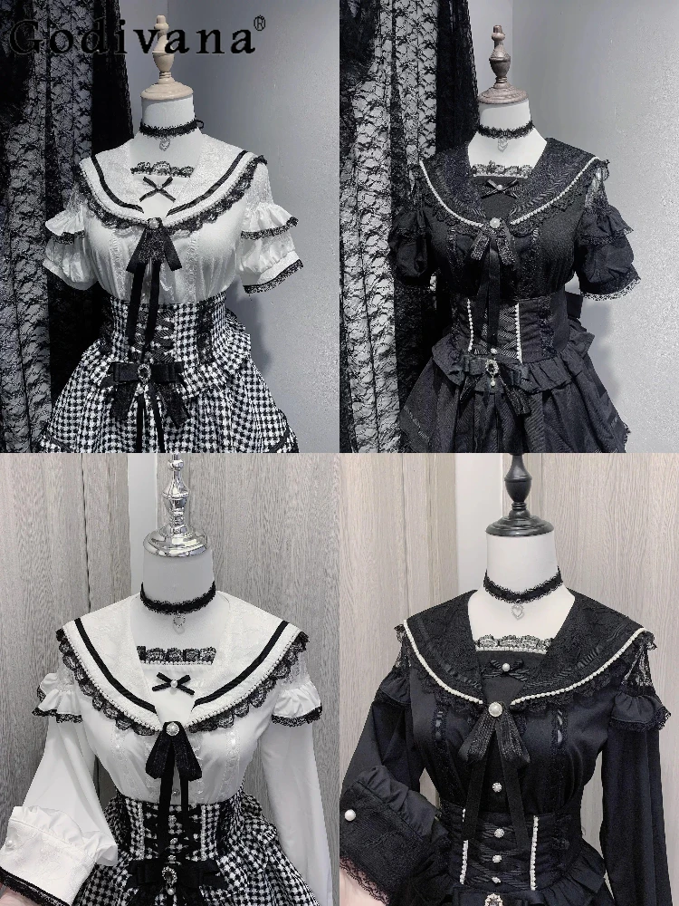 

Subculture Mine Mass-produced Navy Collar Short-sleeved Shirt Girls Women Sweet Long Sleeve Blouses Spring and Summer Y2k Skirt