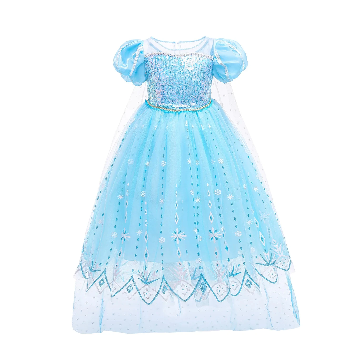 2026 Deluxe Mädchen Blaues Pailletten-Prinzessinnenkleid Schneeflocken-Print Lange Schleppe Puffärmel Kinder Elsa Kostüm Outfit Schneekönigin Ballkleid – Detail 2