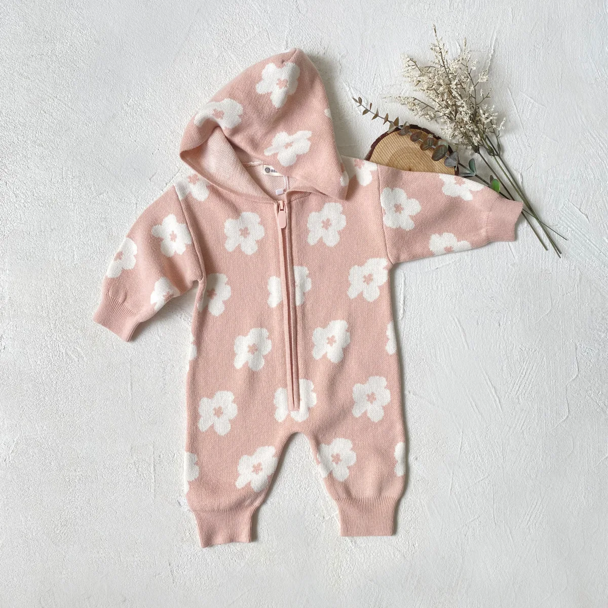 2024 Autumn New Baby Long Sleeve Knit Romper Newborn Flower Print Sweater Hoodie Infant Girl Hooded Jumpsuit Toddler Clothes