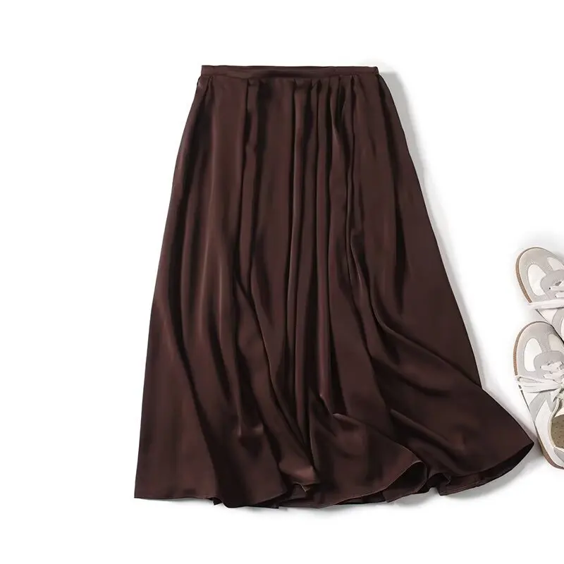 Maxdutti Nordic Minimalist Satin Pleated Skirt High Waist Large Swing Skirt Fashion Ladies Midi Skirt For Women