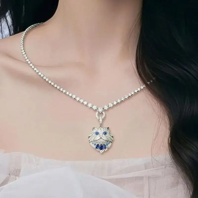 

Winkin Winsin Роскошное ожерелье из стерлингового серебра 925 пробы, кулон с высокоуглеродистыми бриллиантами, драгоценные камни, эмалированная подвеска в виде кота для женщин, ювелирные изделия