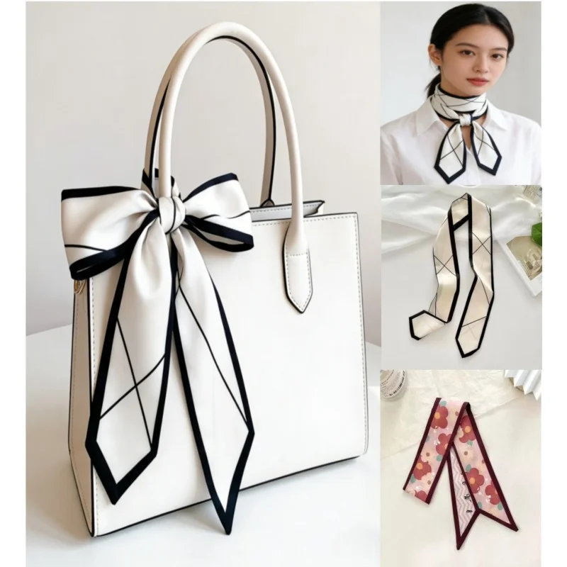 

Versatile narrow silk scarf for hair styling Alphabet print floral pattern Handbag accessory Gift-wrapped mini scarf Hairband