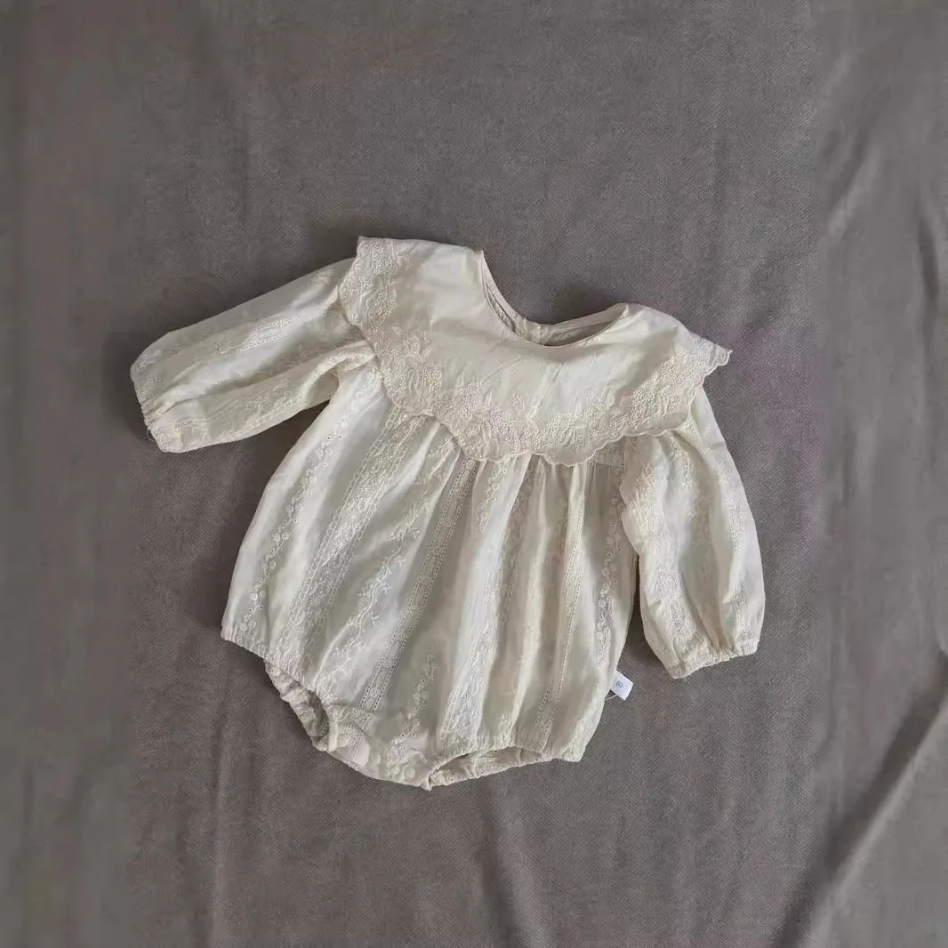 Roupas de bebê 2024 outono primavera menina manga comprida macacão bordado grande lapela cor sólida casual simples princesa renda macacão