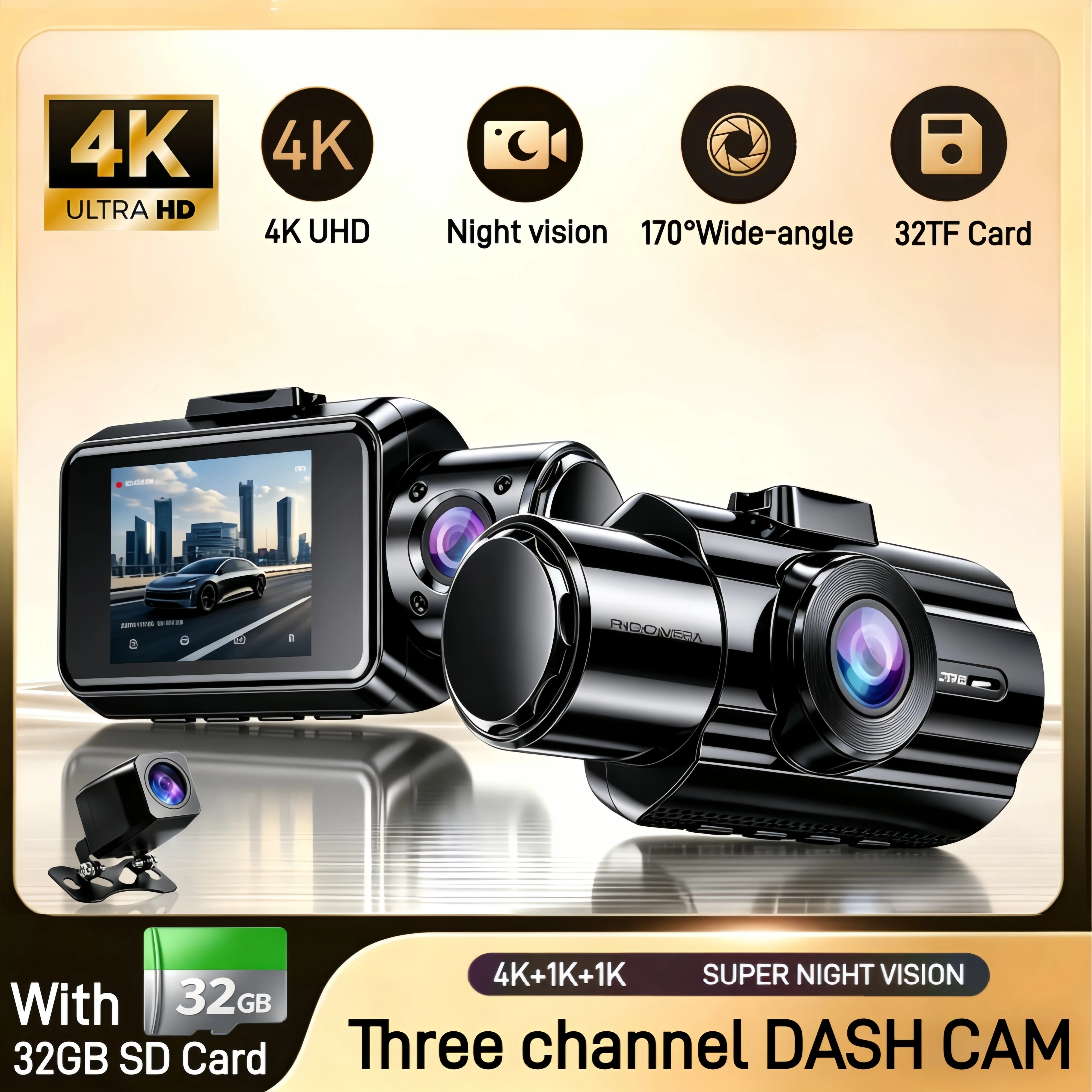 Car DVR 3Channel Dash Cam for Car 4K Video Recorder Dashcam Front and Rear View Camera Night Vision Car Accessories With 32GB