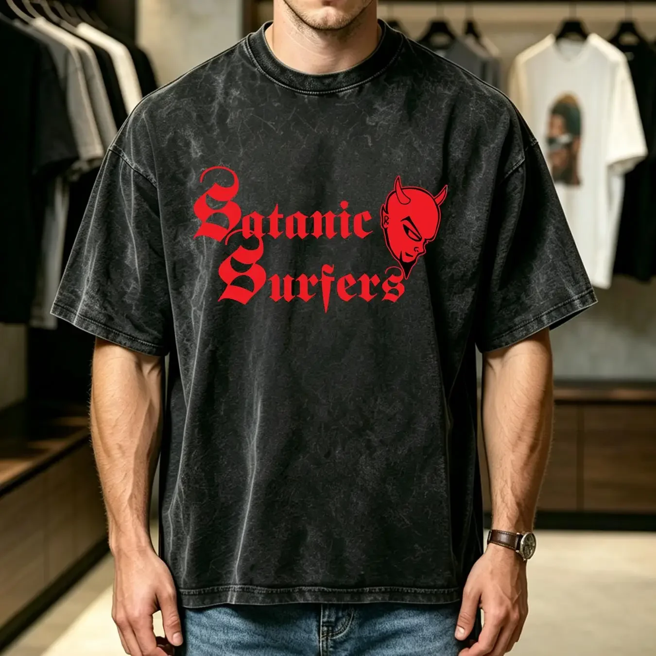 washed T Shirt SATANIC SURFERS 'Devil Logo' vintage Washed fashion Slightly streetwear Comfortable Soft Breathable Casual homme