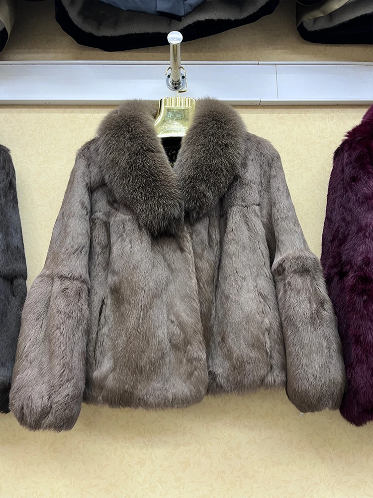 100% Genuine Whole Skin Real Rabbit Fur Coat With Luxury Natural Fox Fur Collar Jacket Full Pelt Rabbit Fur Overcoat