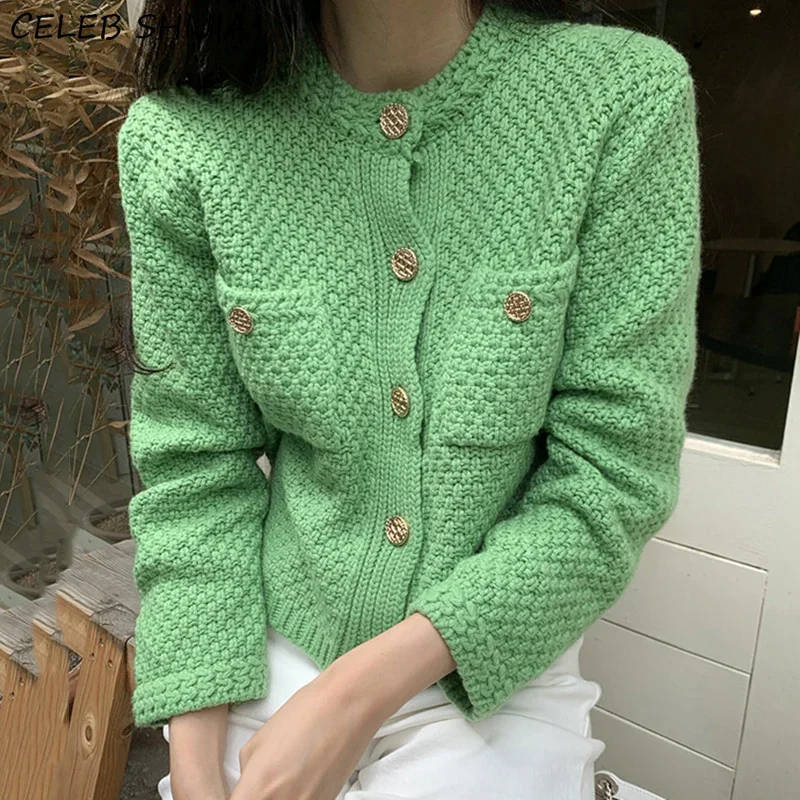 SHIJIA Single-breasted Sweater Cardigan Woman O-neck Green Twist Knitted Cardigan Female Korean Chic White Solid Button Sweater