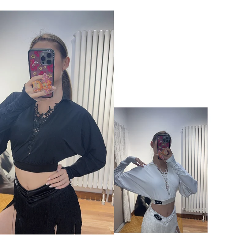 2025 여성을위한 새로운 라틴 댄스 탑 긴팔 셔츠 삼바 차차 탱고 연습 옷 성인 여성 라틴 의상 DQS20881