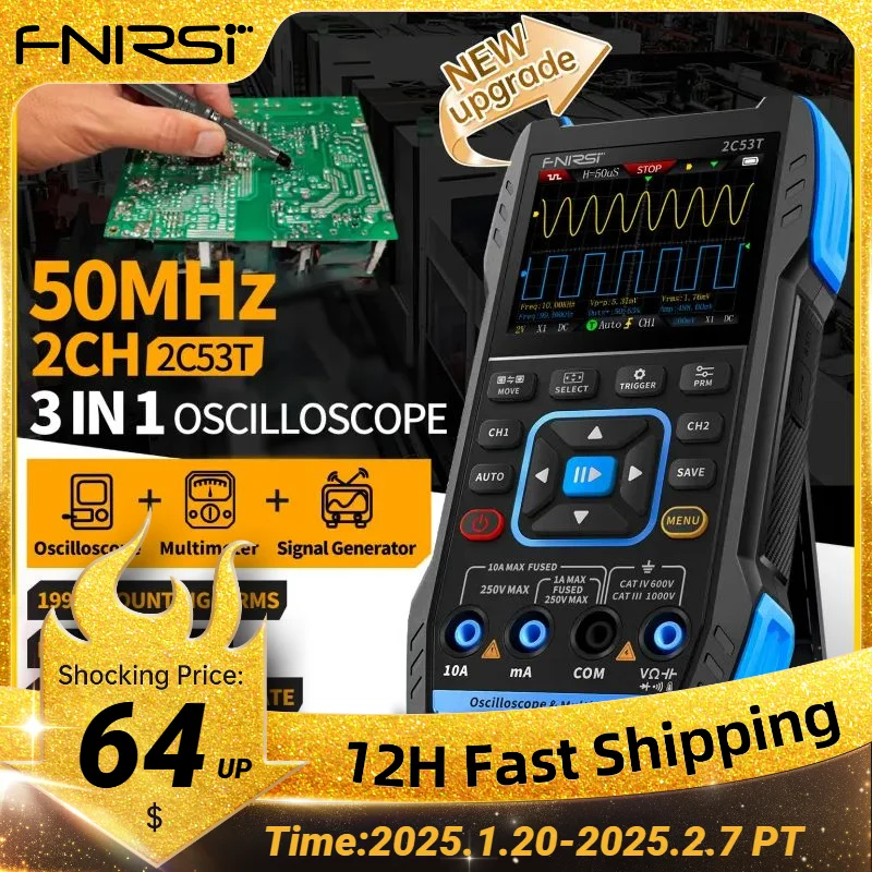 FNIRSI 2C23T 2C53T Upgrade 50MHz Handheld Digital Oscilloscope Multimeter Signal Generator  3 in 1 Dual Channel Automotive Tools