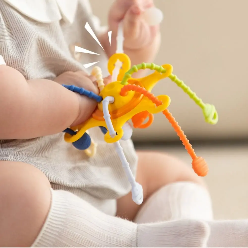 Mainan Gigit 3 in 1 mainan sensorik bayi mengembangkan silikon kognitif mainan tali tarik bayi mainan genggam jari latihan Montessori bayi