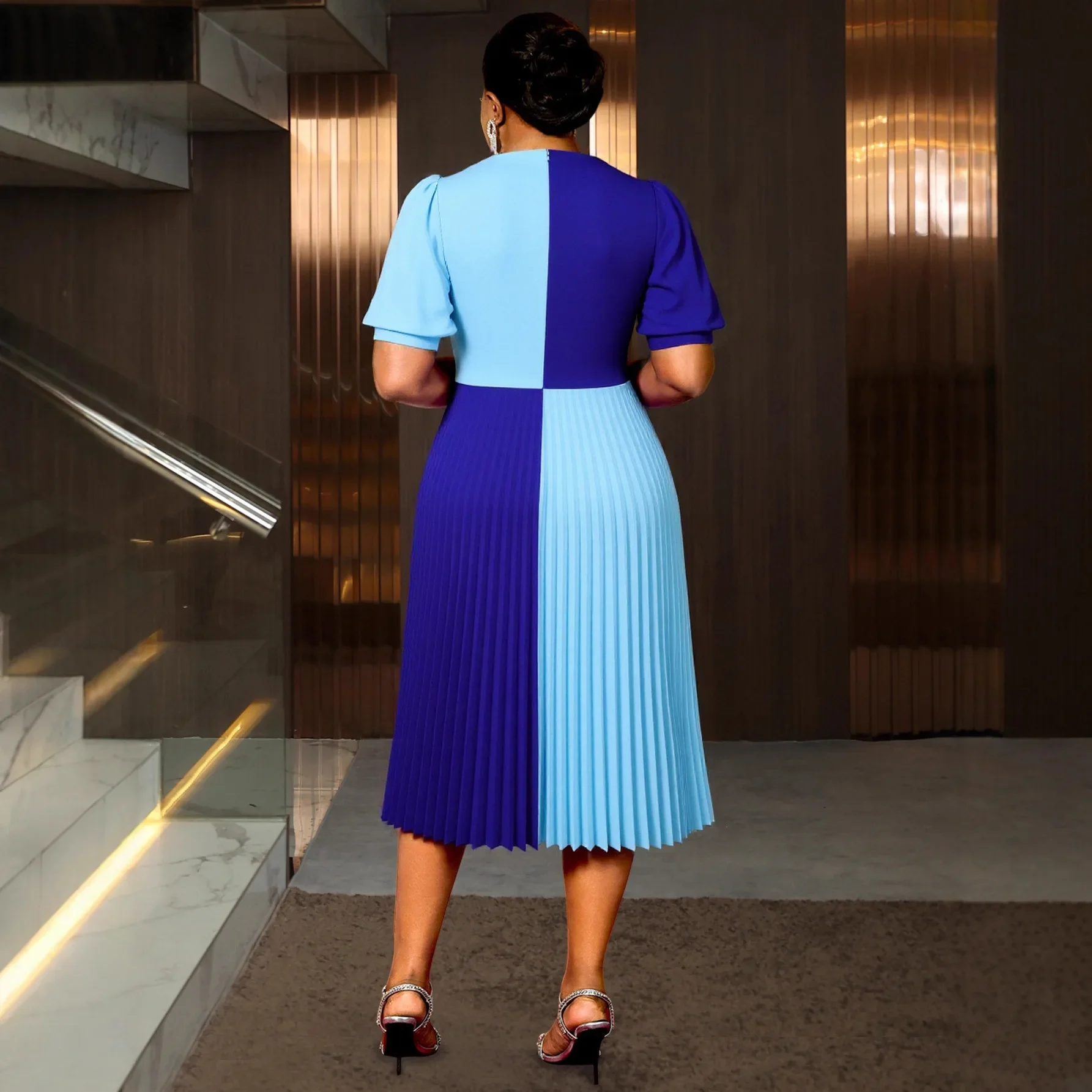 Africa Clothing Women V Neck Patchwork A Line Pleated Dress Puff Sleeve Colorblock Midi Party Dresses Office Casual Outfit