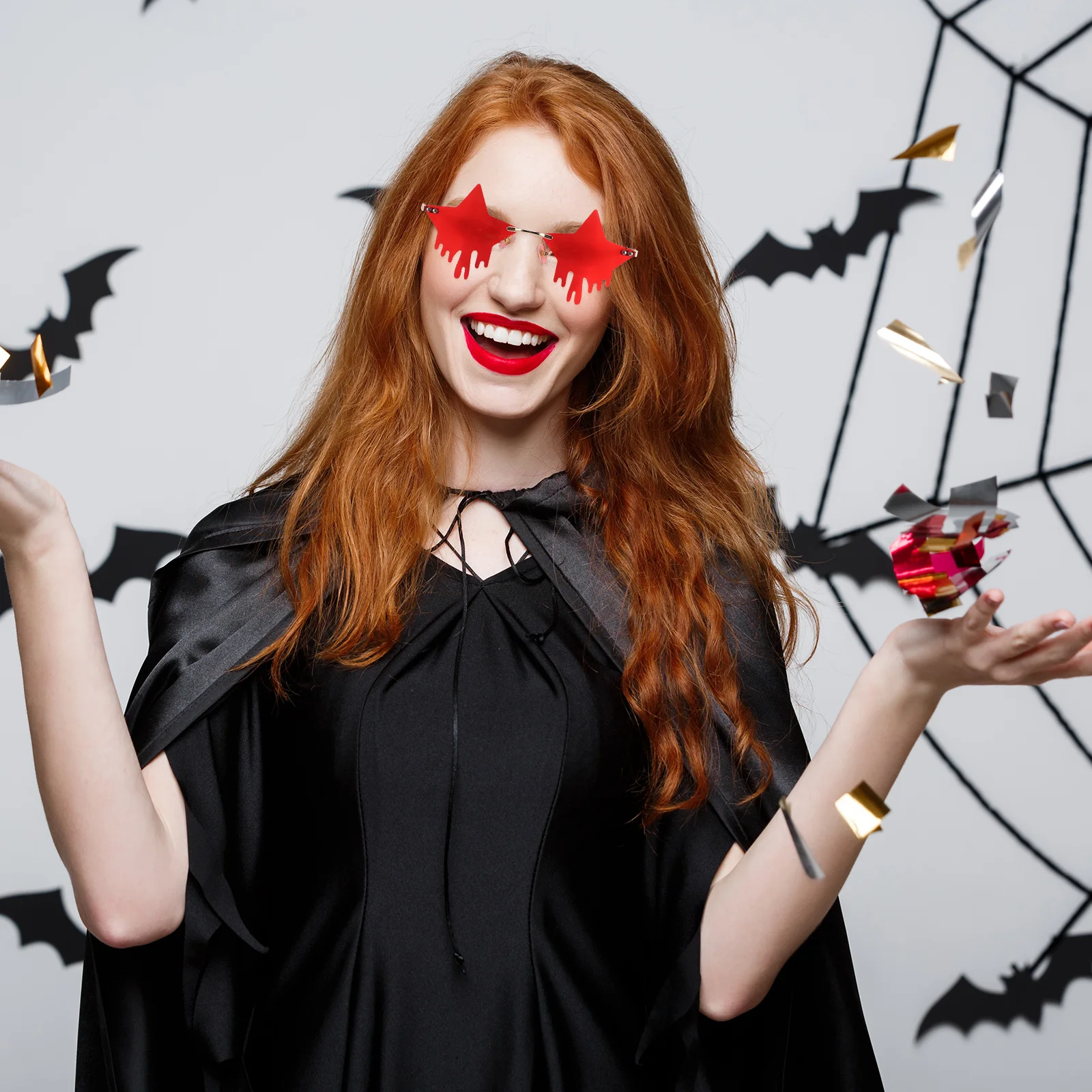 

1 Pair Gold Frame Red Lens Rimless Sunglasses For Women Men Star Design Uv Protection Lightweight Party Beach Travel Cool