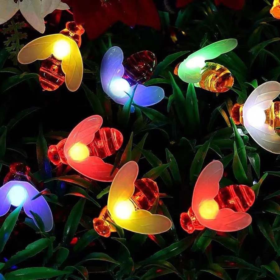 أضواء LED ملونة على شكل نحلة تعمل بالطاقة الشمسية، سلسلة إضاءة مقاومة للماء، أضواء تزيين فناء العطلات