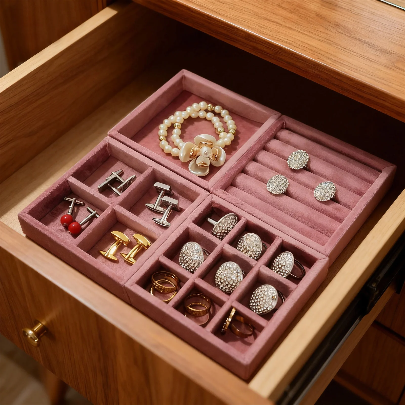 

Набор из 4 высококачественных розовых бархатных подставок для демонстрации ювелирных изделий: колец, ожерелий, кулонов и браслетов.