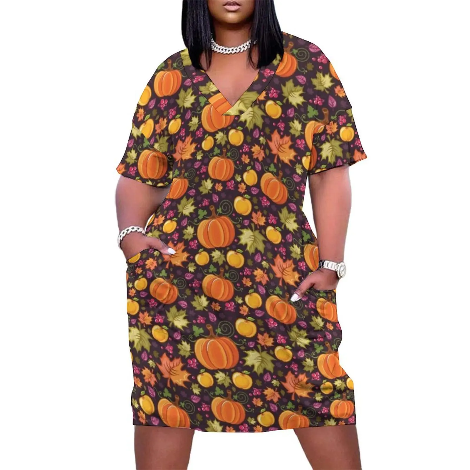 

Fall Pumpkin Pattern Loose Pocket Dress evening dresses ladies women's fashion dresses summer women's suit Female dress