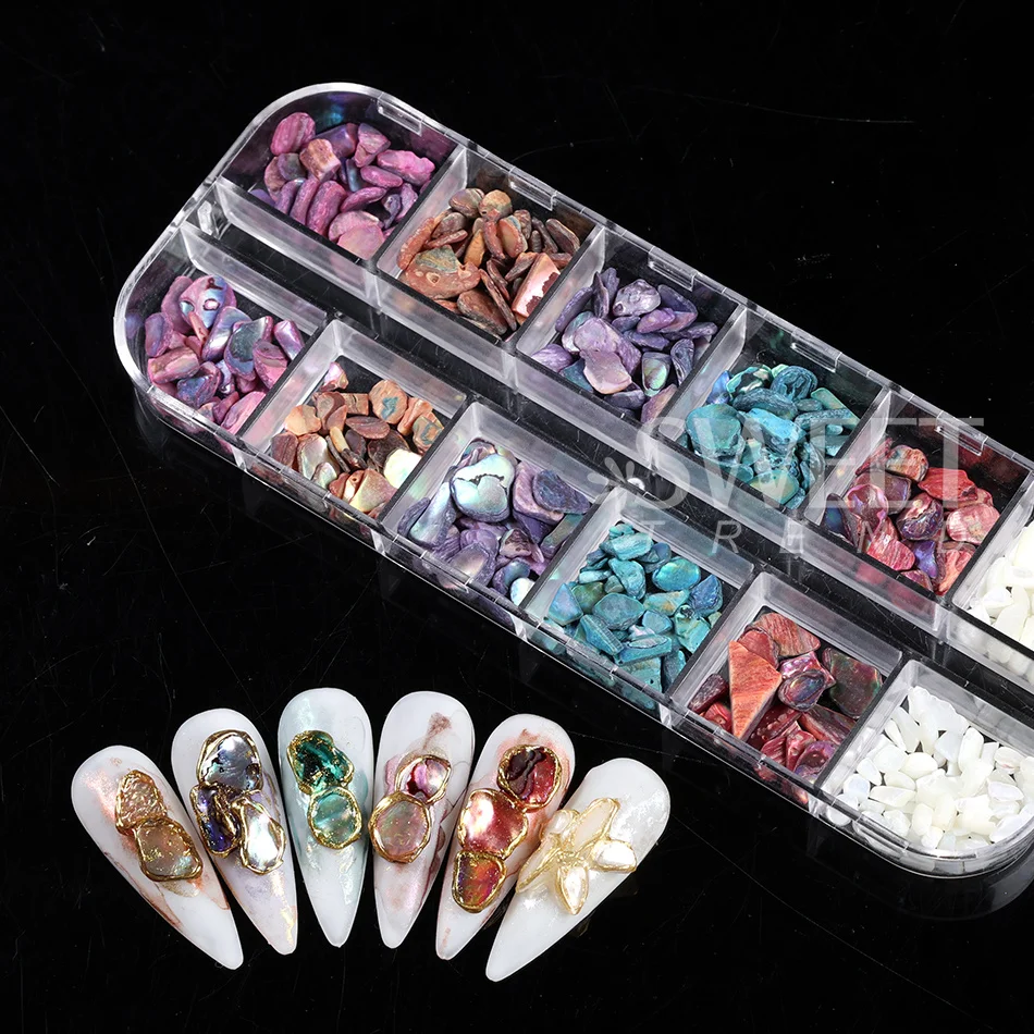 12 Gitter Nagelkunst Aurora Abalone Muschelschuppen 3D Charms Unregelmäßige Muschelfragmente Aurora Scheiben DIY Maniküre Deko Zubehör – Detail 6