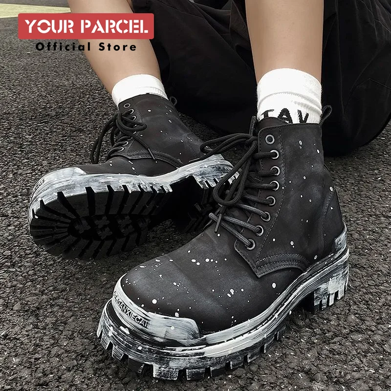 Original Riding boots for men waterproof fabric hand-painted height increasing snow boots niche design retro motorcycle boots