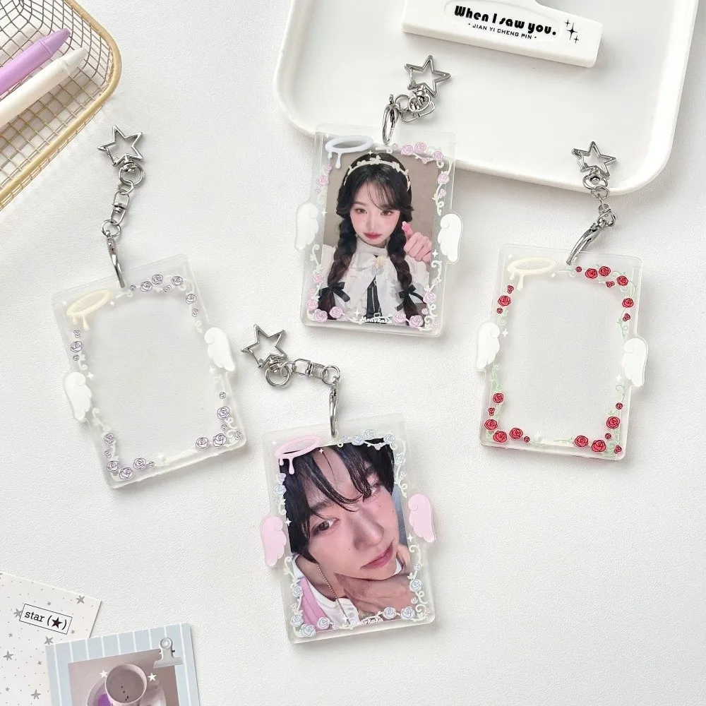 Rose Pattern Acrylic Card Holder Star Clip Clear Acrylic Keychain Charm Double Sided Display Scratch Resistant