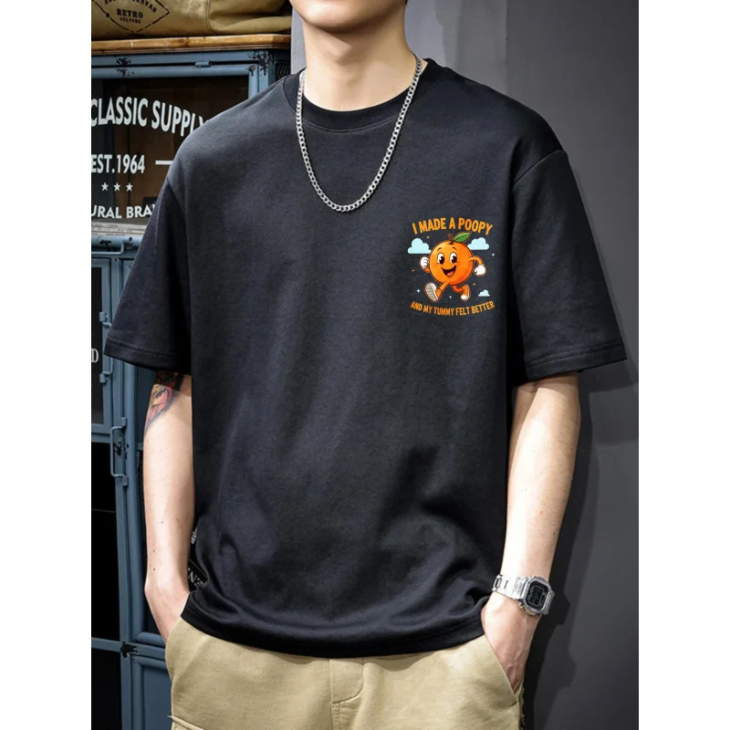 تي شيرت رجالي أبيض لقد صنعت أنبوبي وبطني شعرت بشكل أفضل برتقالي كارتوني طباعة قطن عالي الجودة 180 جرام