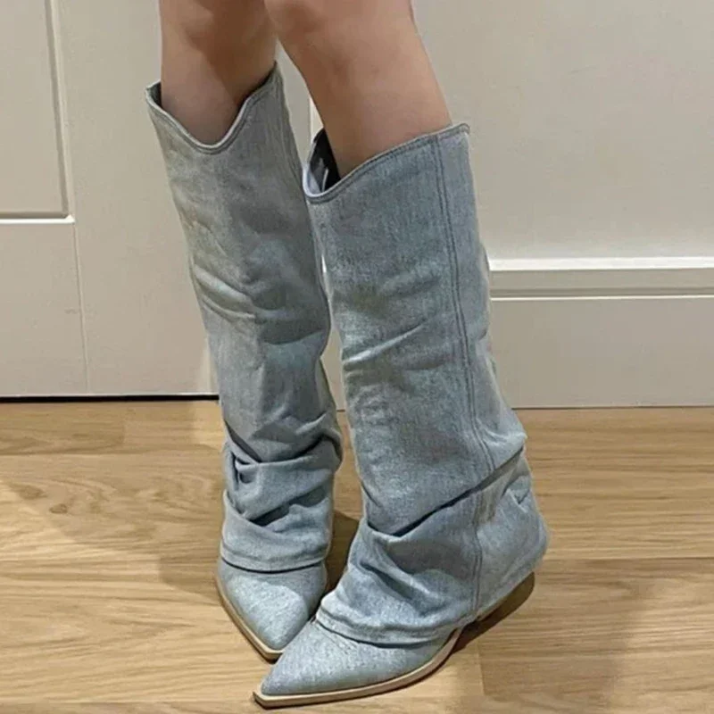 

Long Boots Autumn New Style Pointed High Heels Western Cowboy High Boots Retro Blue Thick Heel Pants Boots Knight High Boots