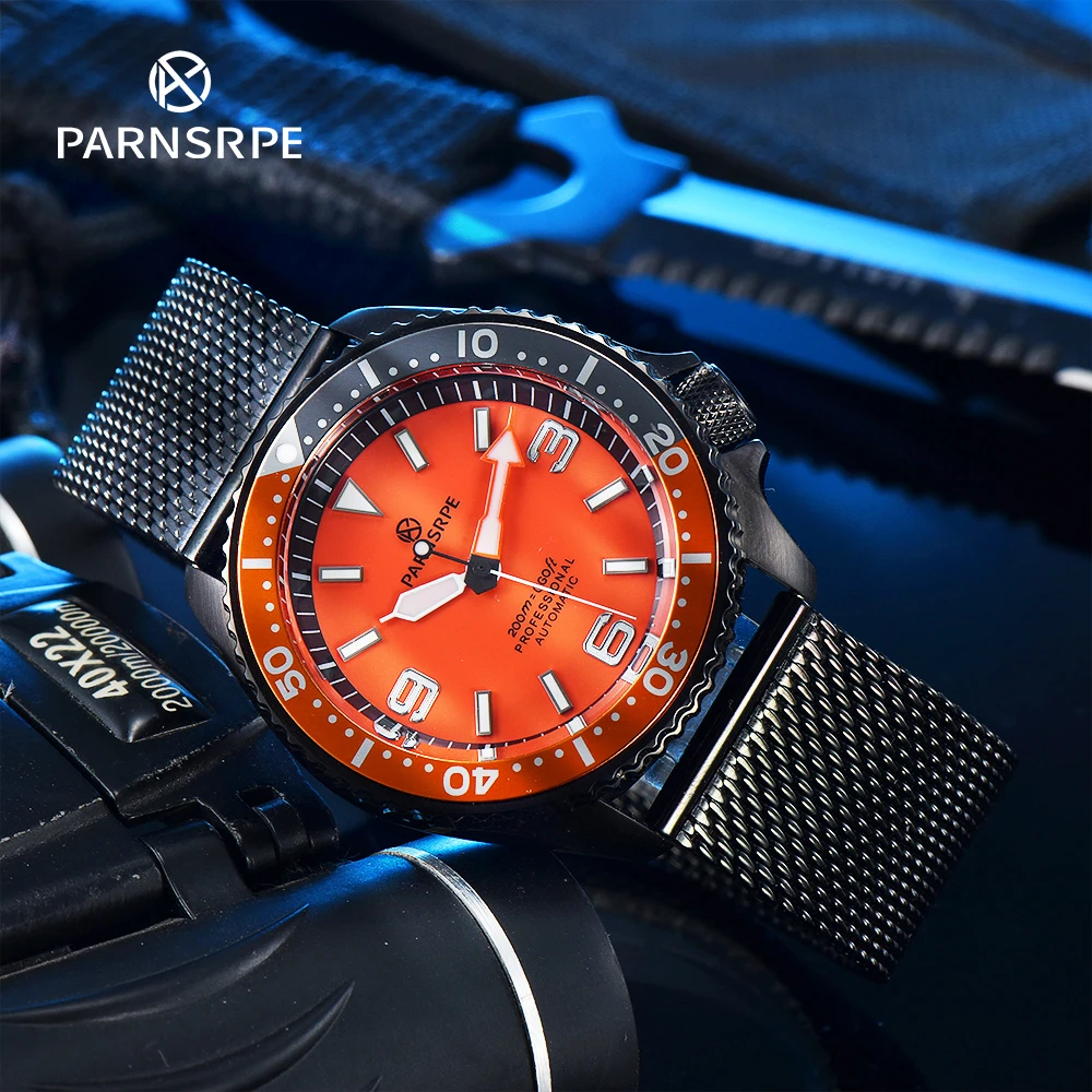 

PARNSRPE SK007 Series Men's Watch NH35Movement Super Bright Luminous Dial One-third Gray Orange Bezel Automatic Mechanical Watch