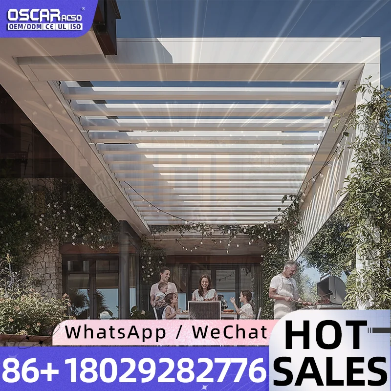 Pergola de terrasse motorisée rétractable à lames orientables, électrique, avec LED, résistante aux 