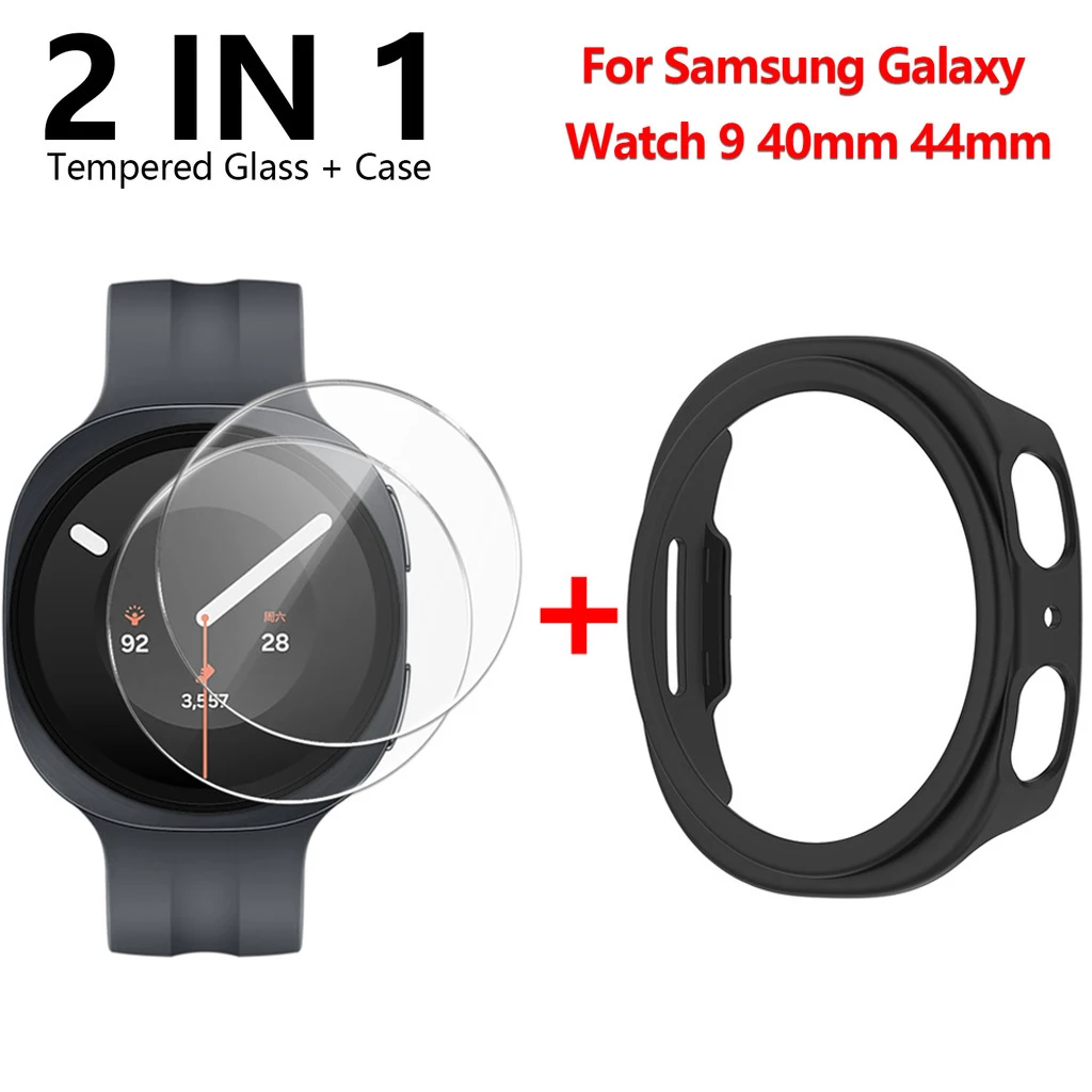 PC Bumper Case + 2Pcs Tempered Glass Set for Samsung Galaxy Watch 9/8 Watch9 40mm 44mm Screen Protector Film Case Cover Shell