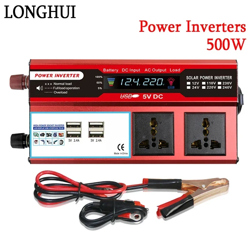 500W Pure Sine Wave Inverter DC 12V/24V To AC 110V/220V Portable Voltage Transformer Power Converter Solar Inverters LED Display