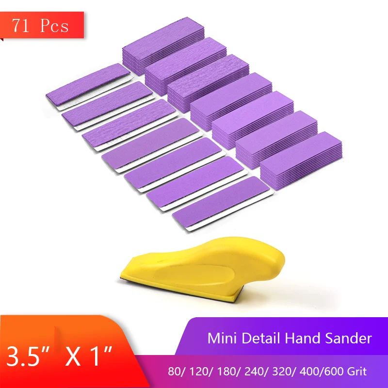 

3.5” X 1”Mini Detail Finger Micro Sander Block Small Sanding 71 Pcs 80/120/180/240/400/600 Grit for Wood Projects Metal Crafts