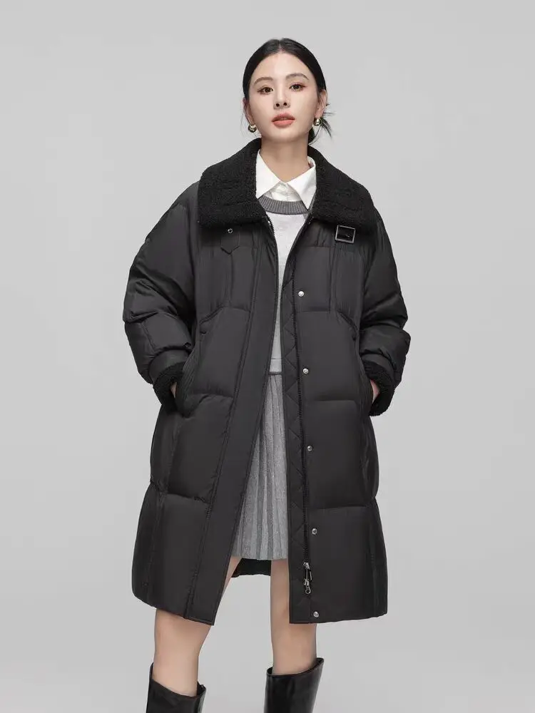 

2024 New Women Jacket Medium-length Down Jacket Women Fur One Big Lapel Splicing Lamb Wool Coat White Duck Down Warm Overcoat