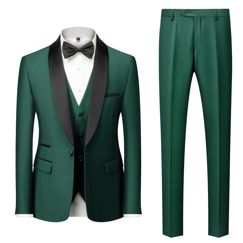 Male Business Casual Wedding Blazers Coat Vest Pants 3 Pieces Set Men Mariage Color Block Collar Suits Jacket Trousers Waistcoat