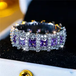 Cute Female Purple Zircon Stone Ring Vintage Silver Color Wedding Jewelry For Women