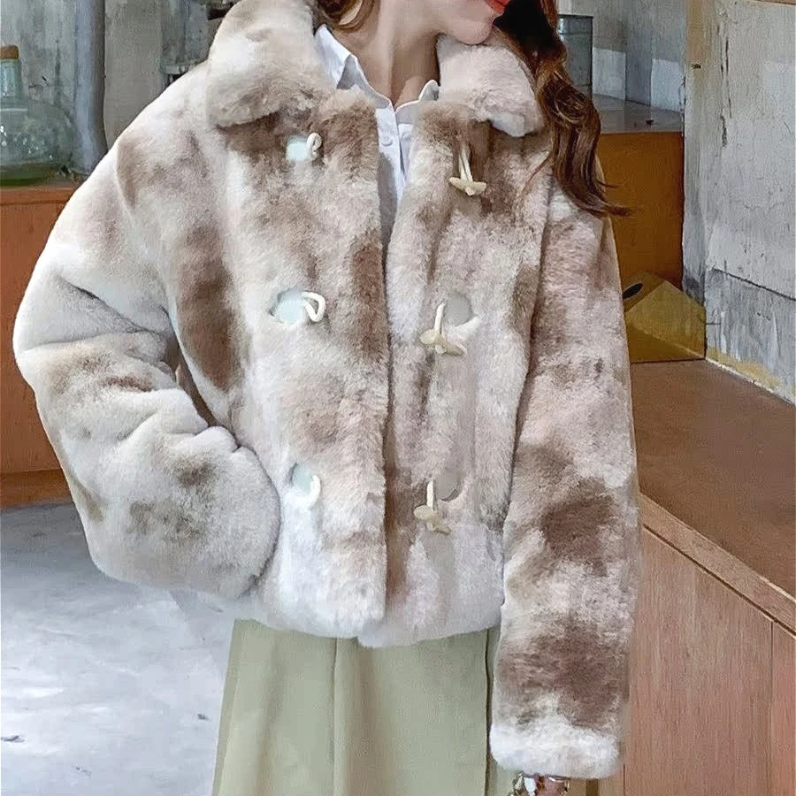 

Women Tie Dye Short Coat Faux Rabbit Fur Jacket Turn Down Collar Long Sleeve Horn Button Loose Elegant Casual Autumn Winter 2025
