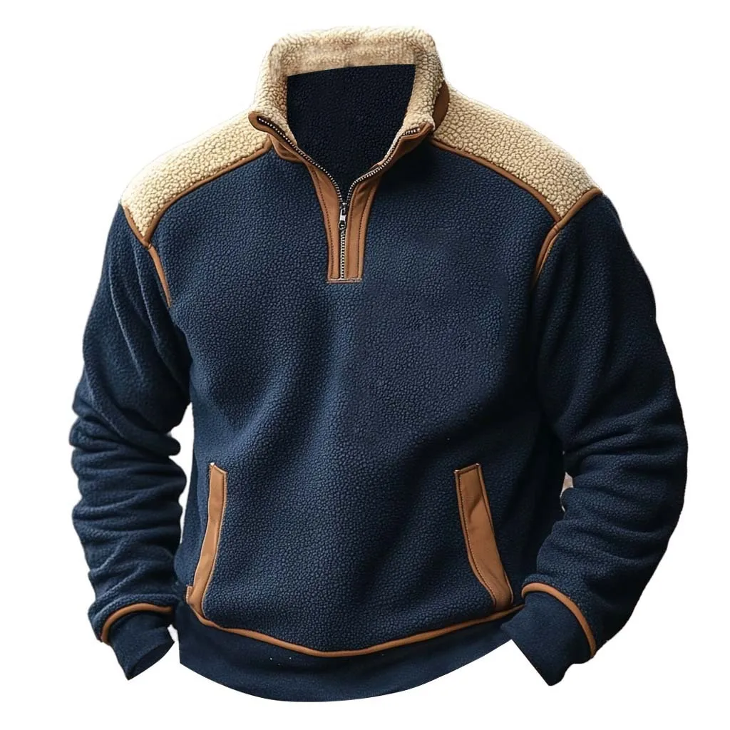 Men's Winter Vintage Color Matching Stand-Up Collar Lamb Fleece Zipper Sweater Casual