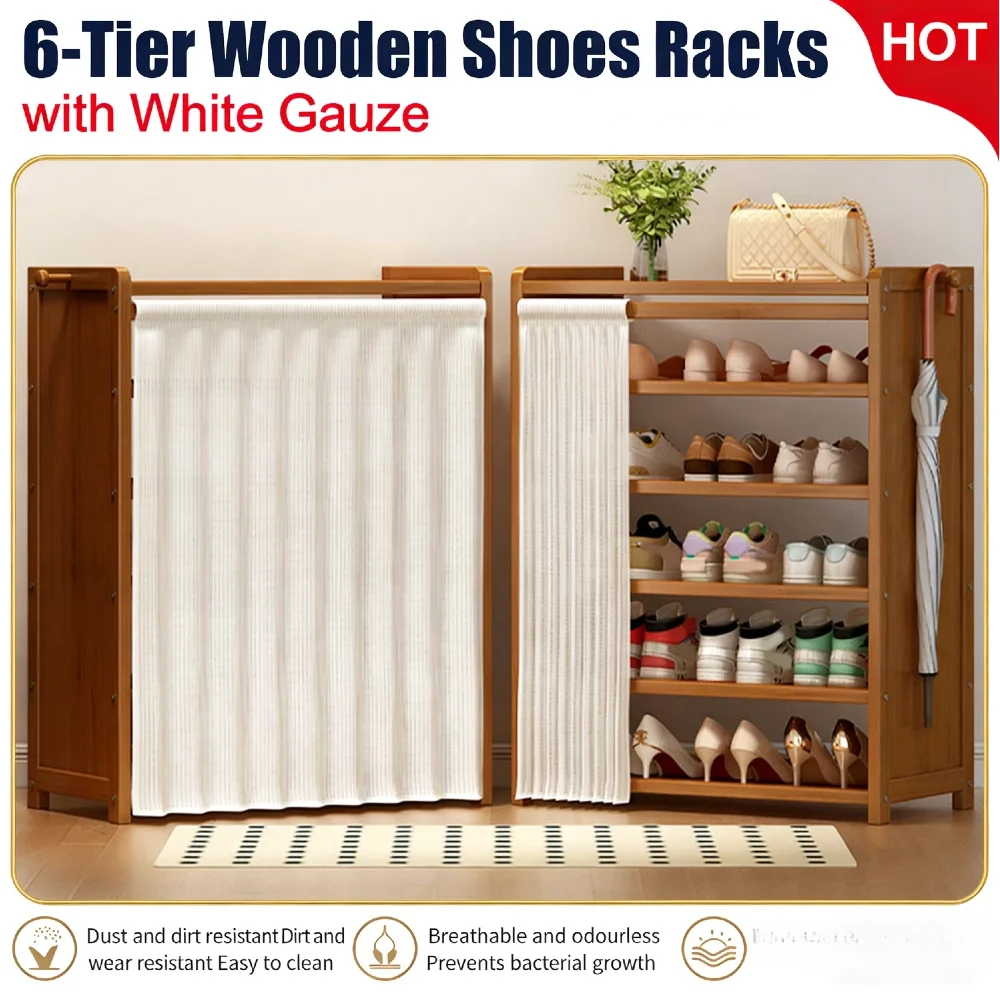

6-ярусный пылезащитный шкаф для обуви с белой сетчатой занавеской, деревянные многоярусные полки, защита от опрокидывания, для спальни, прихожей, входной зоны, модель C